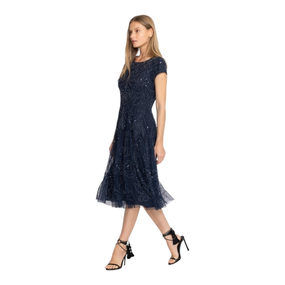 Johnny Was Navy Beaded Mesh Dress - R38723-O Size 2